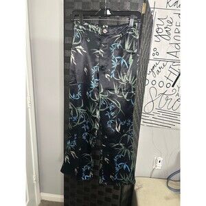 Olivaceous Black Satin Pants with Floral Accents